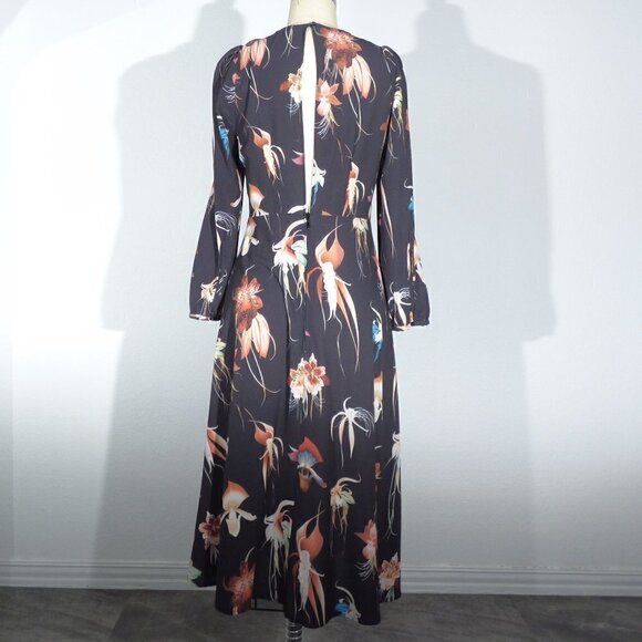 H&M Floral Lilly Flowers Dress Black 4 Slit Back Long Sleeves A line - Picture 2 of 6